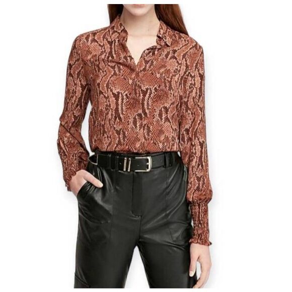 EXPRESS SNAKESKIN BROWN PRINT SMOCKED CUFF SHIRT SZ.L NWT. - Picture 1 of 7